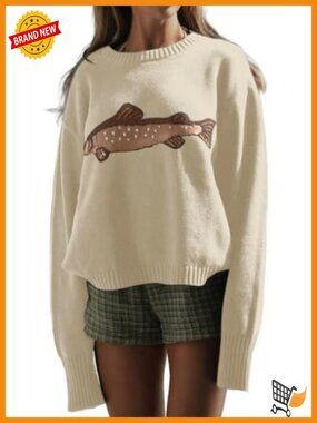 Oversized Crew Neck Rib Knit Carp Graphic Pullover Sweater